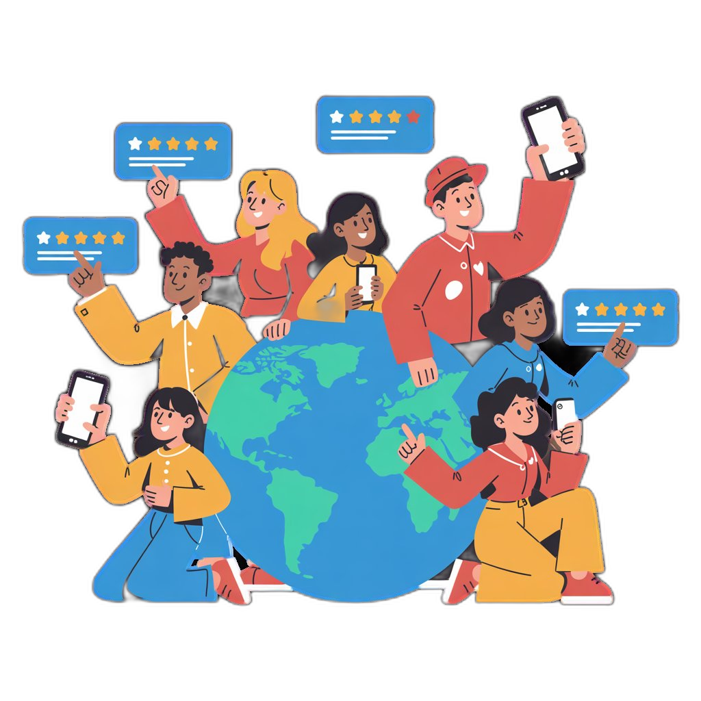 Friends reviewing cities around a globe